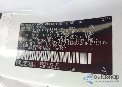 2007 Toyota Tundra Limited 5.7L V8 z USA, uszkodzony, nr VIN 5TBDV58117S470129